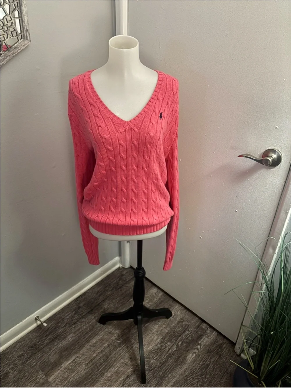 VTG Ralph Lauren Sport Hot Pink Cable Knit V-Neck Sweater XL